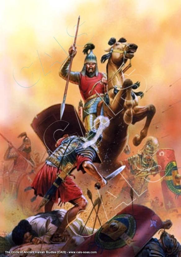 Rekonstruktion eines gepanzerten parthischen Lanzenreiters, der die römischen Soldaten angreift