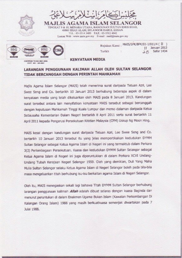 Beschluss des Islamischen Rats von Selangor am 11.01.2013