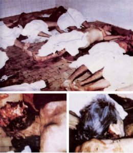 Bildquelle: 4International 25 sterbliche Überreste älterer bosnisch-serbischer Zivilisten, die durch die bosnisch-muslimische paramilitärische Gruppe Djamijski Golubovi in der Nähe von Zvornik in Ostbosnien exekutiert wurden. Links unten, ziviles Opfer dessen Schädel mit einer Axt gespalten und dessen Gehirn freigelegt wurde. Rechts unten, der Körper einer älteren bosnischen Serben Frau, die von bosnisch-muslimischen Truppen ermordet wurde. 