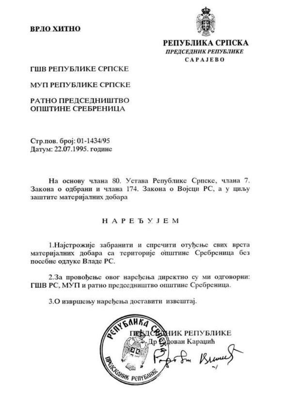 Befehl vom 22.07.1995 von Radovan Karadžić 