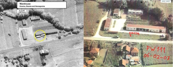 Das Lagerhaus in Kravica (jeweils in der Mitte der Bilder). In der Räumlichkeit kann man unmöglich 1000 - 2000 Menschen unterbringen
